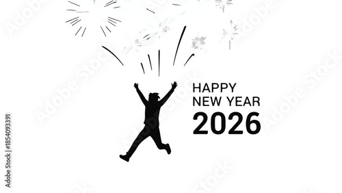 Joyful silhouette celebrates New Year with fireworks and optimistic future