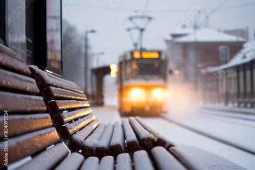 A wooden bench is covered with snow at a train station. A tram arrives, and steam rises in the cold air during winter. The scene shows an early morning in a city.