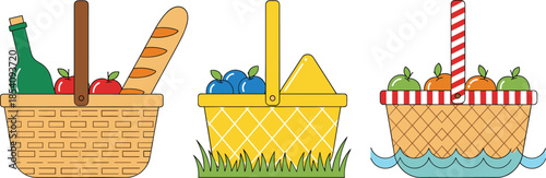 Picnic basket vector illustration set with food, fruits, bread and summer outdoor leisure cartoon style