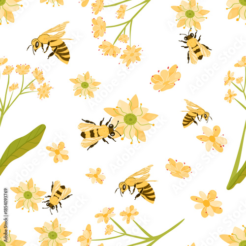 Charming seamless pattern featuring buzzing bees and soft yellow flowers on a white background. The repeating design captures the essence of summer pollination and is suitable for eco packaging.