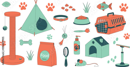 Pet care and accessories vector illustration set with toys, food, house, grooming items and carrier in flat style