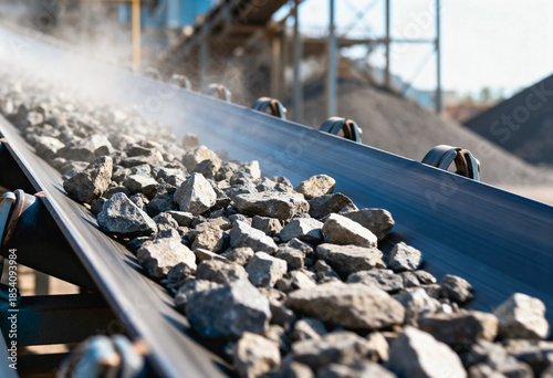 A close-up image of a moving conveyor belt transporting a collection of crushed rocks and gravel in an industrial setting with a visible blur indicating motion and background machinery