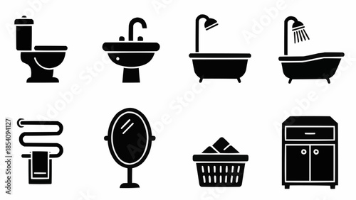 Bathroom Fixtures and Appliances Silhouette Set.