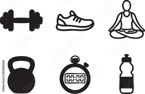 Six black fitness including dumbbell kettlebell sneaker yoga person stopwatch and water bottle