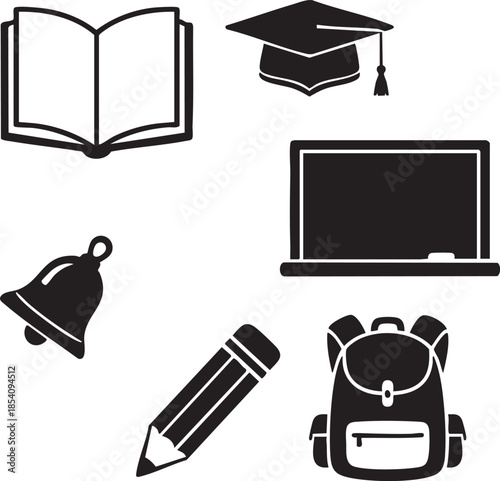 Black of an open book graduation cap chalkboard pencil and backpack pages