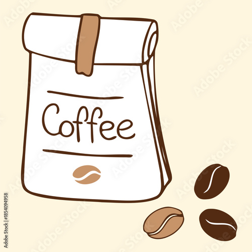 Coffee bag with coffee beans, simple doodle style coffee packaging concept illustration 