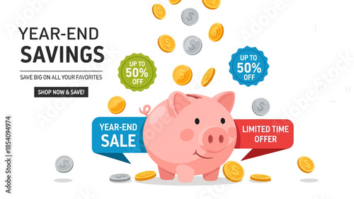 Year-end savings with piggy bank and coins