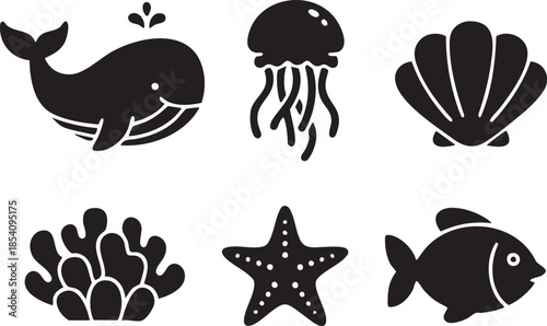 Black silhouette of whale jellyfish seashell coral starfish and fish