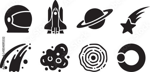 Collection of eight black space themed including helmet spaceship planet star and abstract shapes