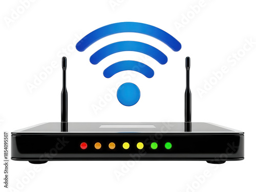 A wireless router with signal strength indicators displayed on its front panel