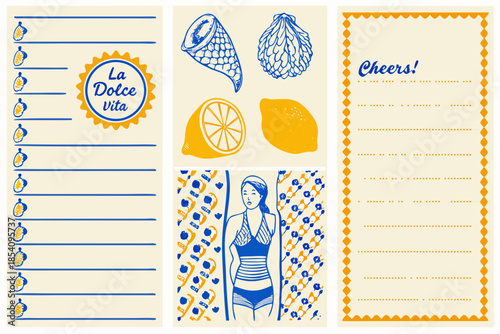 Aesthetic collage featuring lemons a woman in a swimsuit and italian phrases