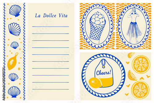 Aesthetic blue and orange patterned design with shells fruit and celebratory images