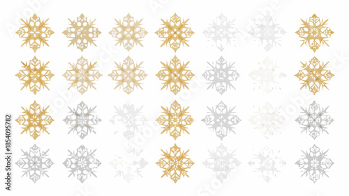 Collection of intricate golden and silver snowflakes arranged in a grid pattern
