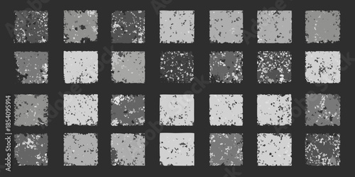 A grid of twenty four distressed textured square patches in grayscale tones