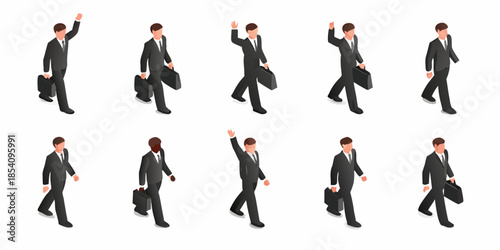 Isometric businessmen walking in various poses with briefcases isolated on white