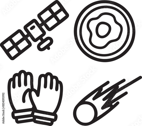 Satellite gloves fried egg and comet in black outline on white space technology communication globe