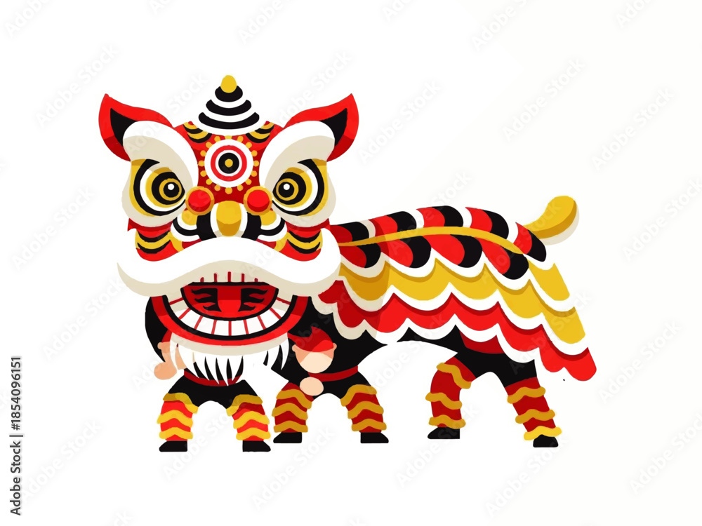 Naklejka premium Colorful Chinese Lion Dance Illustration in Traditional Costume for Festive Lunar New Year Theme