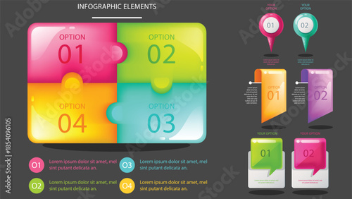 4-Piece Jigsaw Puzzle Infographic and UI Element Kit. Glossy Puzzle Options with Pin Drops, Ribbons, and Chat Bubbles. Professional Vector