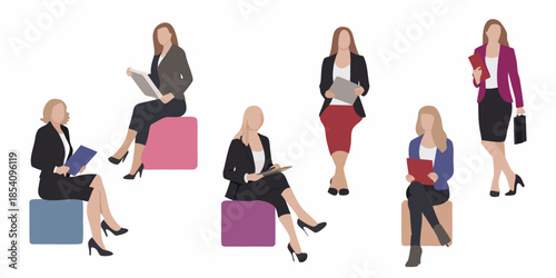 Group of businesswomen in minimalist style posing with various accessories