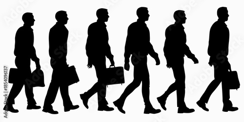 Silhouettes of businessmen walking in a row carrying briefcases