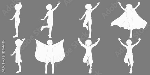 Silhouettes of joyful children and figures in dynamic celebratory poses