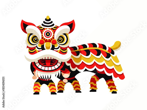 Colorful Chinese Lion Dance Illustration in Traditional Costume for Festive Lunar New Year Theme