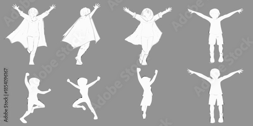 Silhouettes of joyful figures with arms raised in triumphant poses