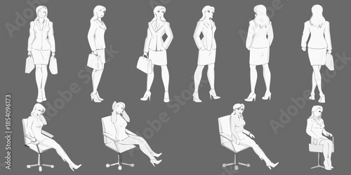 Stylized illustration of women in business attire standing and seated poses