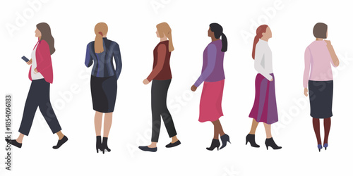 A group of diverse women walking in a flat minimalist vector style