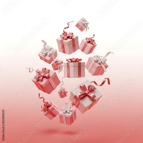 Heart shaped arrangement of gift boxes in shades of pink and red