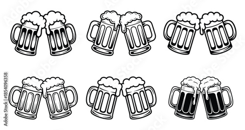Beer Glass or mug cheers Icon Line Art and Silhouette Set, Overflowing beer mugs, Foam at the top, Beer mugs clinking together in a toast, graphic element for party, celebration, beverages