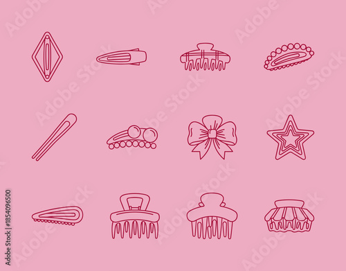 Fashionable Hair Accessory and Clip Line Icons Set Vector Illustration of Bows Stars and Barrettes for Beauty and Styling