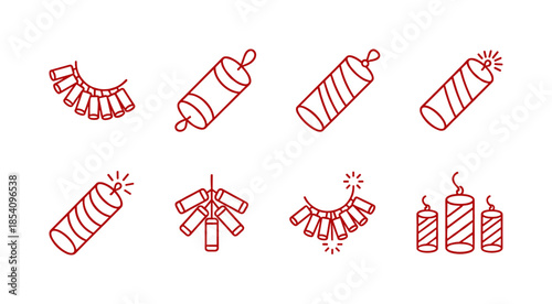 Traditional Firecracker and Firework Line Icons Set Vector Illustration for Chinese New Year and Festive Celebration Events