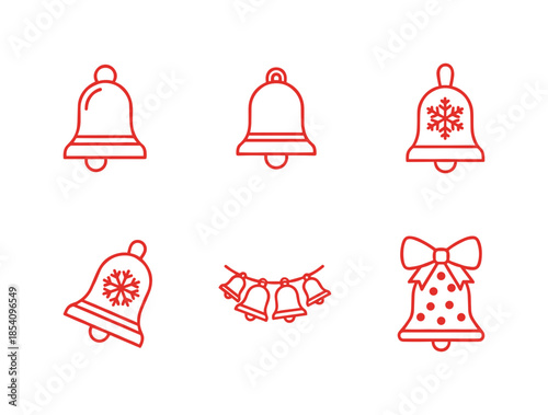Christmas Bell and Holiday Ornament Line Icons Set Vector Illustration of Festive Bells with Snowflakes and Bows for Winter