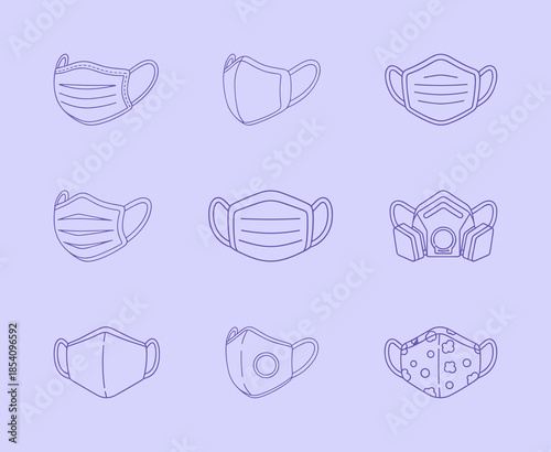 Professional face mask icons set. Vector line art of medical surgical masks, respirators, and fabric masks for health and virus protection.