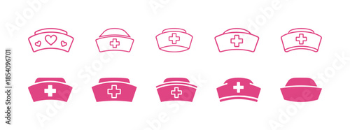 Nurse hat and medical cap icons set. Vector pink line art and solid icons of healthcare headwear for nursing and hospital staff.