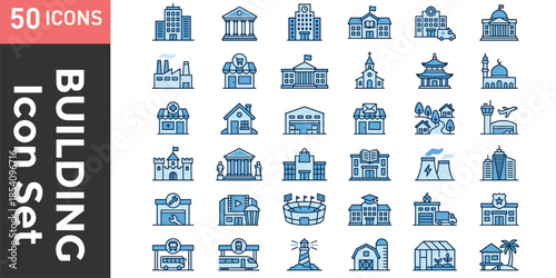 Blue city infrastructure icons set featuring buildings transportation education healthcare industry government services vector illustration for urban map design projects