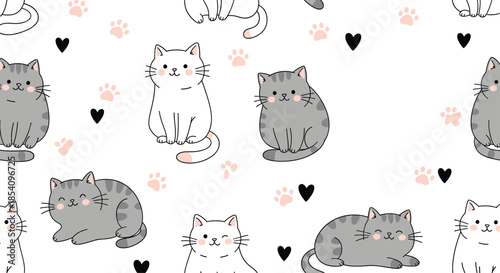 Seamless cute cat pattern vector illustration with kawaii kittens, paw prints and hearts on white background