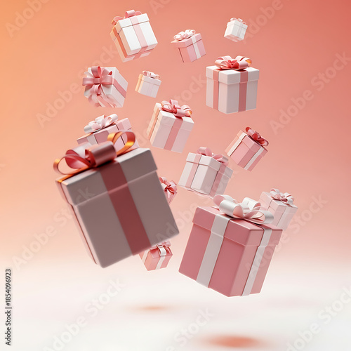 Gifts and presents floating in mid air with pink and silver wrapping