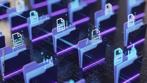Digital document folders showing data flow and cloud storage on a circuit board background for concept of secure information transfer.