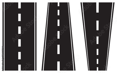 Winding and curved road silhouettes set with top view perspective and lane markings.