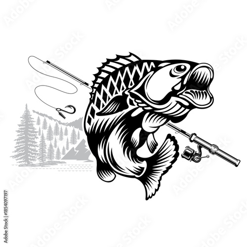 Fishing Rod with Perch leaping out of the water to catch a lure on landscape background. Monochrome logo for fishing, championship or sport club on white.