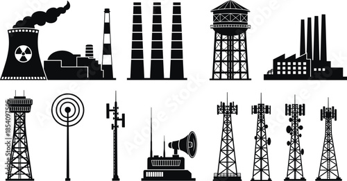 Industrial and communication tower silhouettes set featuring factories, chimneys, cooling towers, radio masts, and infrastructure elements isolated on white background
