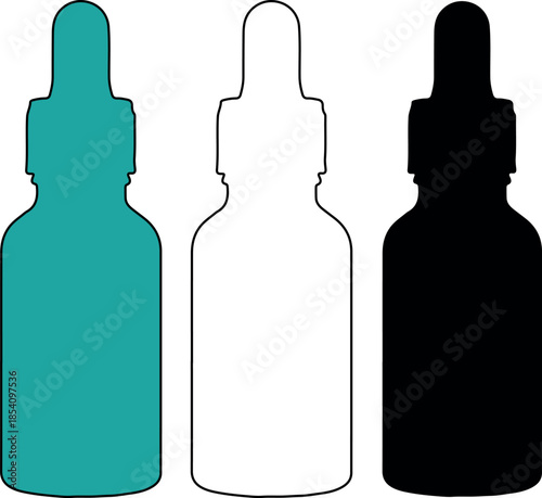 Three distinct silhouette variations of a cosmetic dropper bottle provide template options for branding.