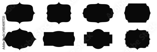 Set of vintage black labels and ornate frames. Decorative badge shapes for product packaging, branding,
 and logo design. Vector blank stickers, price tags, and quality marks isolated on white backgro