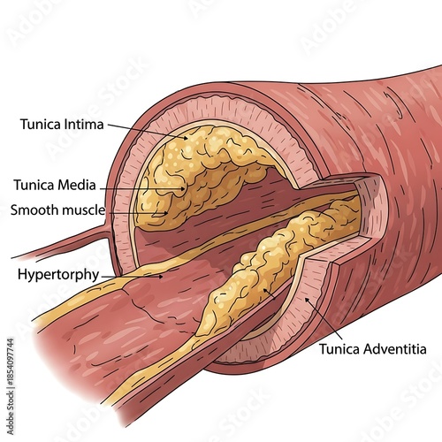 Cross-section of an artery showing hypertrophy and layered structure including tunica intima, media, and adventitia