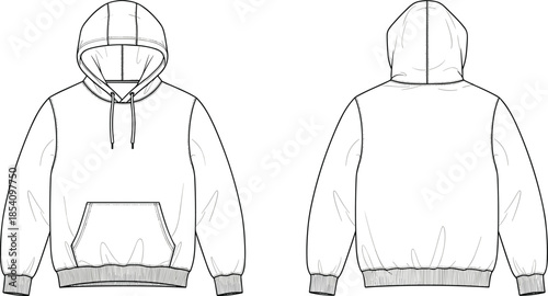 Front and back view hoodie sweatshirt, technical fashion flat sketch, casual pullover outerwear design, modern apparel illustration