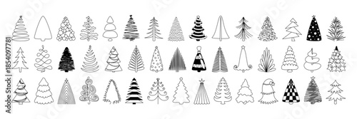 Big Christmas tree black and white illustrations collection. Fir tree line drawing, vector icon. Holiday design elements are isolated on white