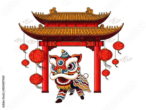 Chinese Gate and Lion Dance Illustration for Traditional Lunar New Year Festival Design