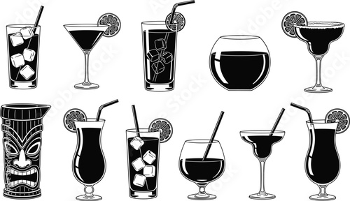 Cocktail and beverage glass silhouettes set featuring classic drinks, martinis, tropical cocktails, and iced refreshments isolated on white background for bar and hospitality concepts